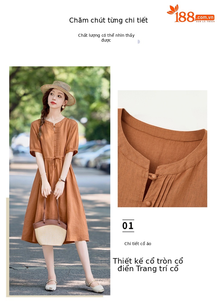 Đầm maxi nữ thắt eo cotton linen 2025 form rộng thanh lịch — màu sắc, Xanh lông mòng đen chi tiết 8