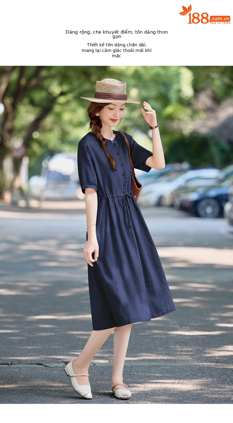 Đầm maxi nữ thắt eo cotton linen 2025 form rộng thanh lịch — màu sắc, Xanh lông mòng đen chi tiết 11