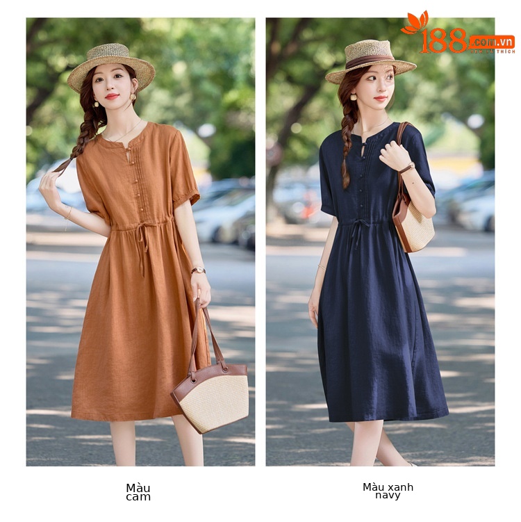 Đầm maxi nữ thắt eo cotton linen 2025 form rộng thanh lịch — màu sắc, Xanh lông mòng đen chi tiết 13
