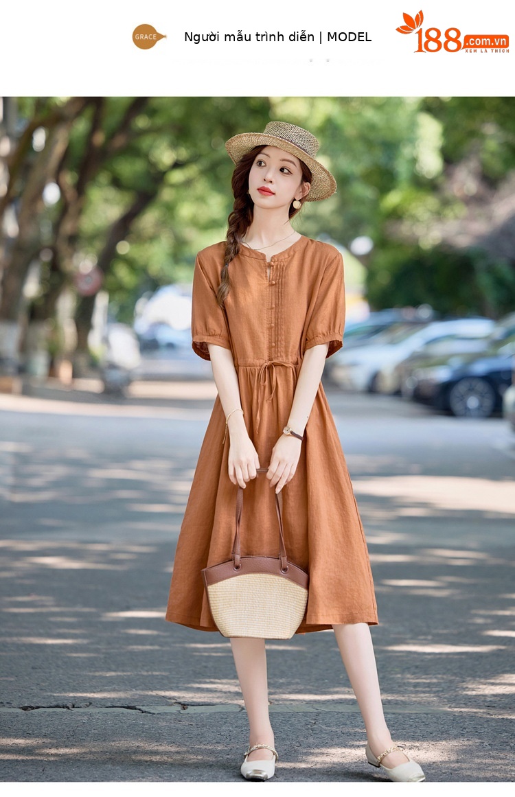 Đầm maxi nữ thắt eo cotton linen 2025 form rộng thanh lịch — màu sắc, Xanh lông mòng đen chi tiết 14
