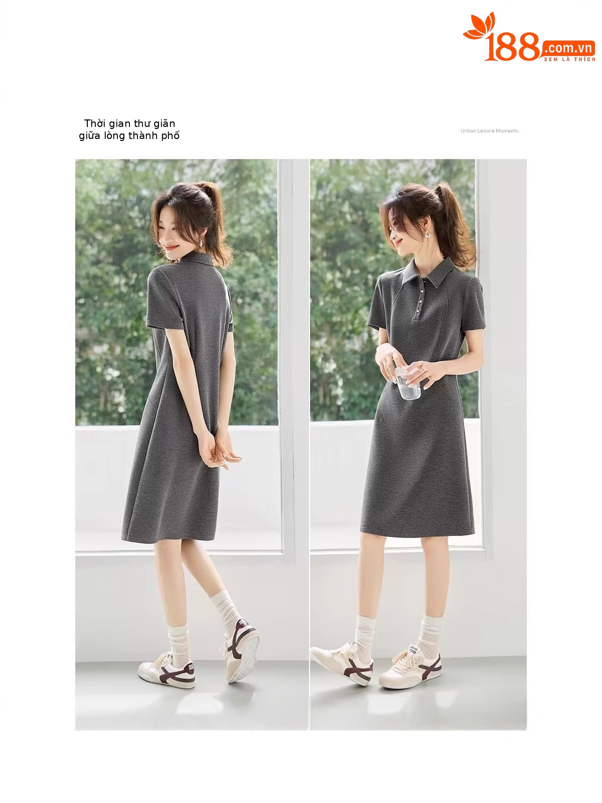 Váy liền thân sequin eo thon cổ POLO tay ngắn — xám