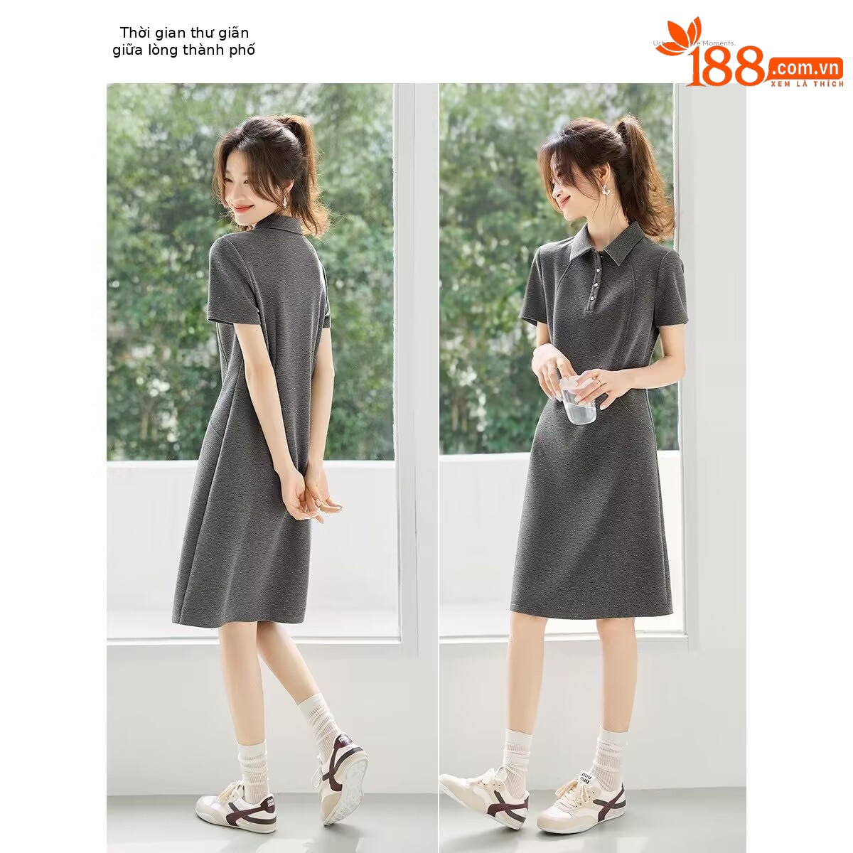 Váy liền thân sequin eo thon cổ POLO tay ngắn — xám chi tiết 3