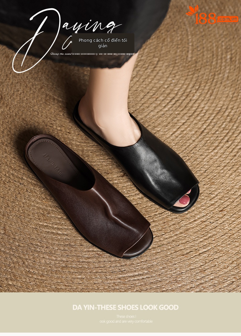 Dép xỏ ngón nữ da bò thật gót dày đi ngoài trời — màu nâu chi tiết 1
