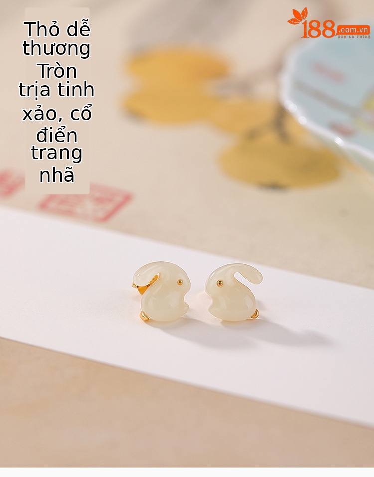 Bông tai khuyên tai thỏ dễ thương mạ vàng bạc Sterling S925 ngọc Hetian tự nhiên — một cặp chi tiết 2