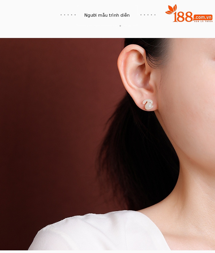 Bông tai khuyên tai thỏ dễ thương mạ vàng bạc Sterling S925 ngọc Hetian tự nhiên — một cặp chi tiết 5