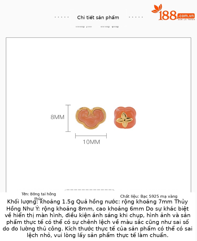 Bông tai bạc S925 mạ vàng hồng hình quả ruyi đính đá đỏ tự nhiên phiên bản AB thiết kế độc đáo — Một cặp (màu của phiên bản AB sẽ khác) chi tiết 2