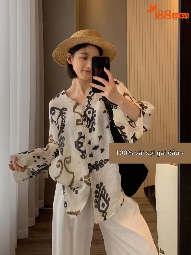 Áo sơ mi nữ chất liệu gai buộc dây phong cách dân tộc — trắng