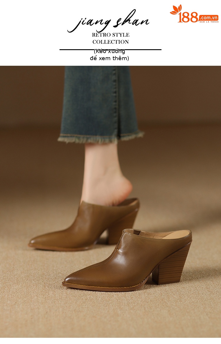 Giày mule nữ da bò mũi nhọn gót cao 7 cm phong cách Âu Mỹ — đen chi tiết 1