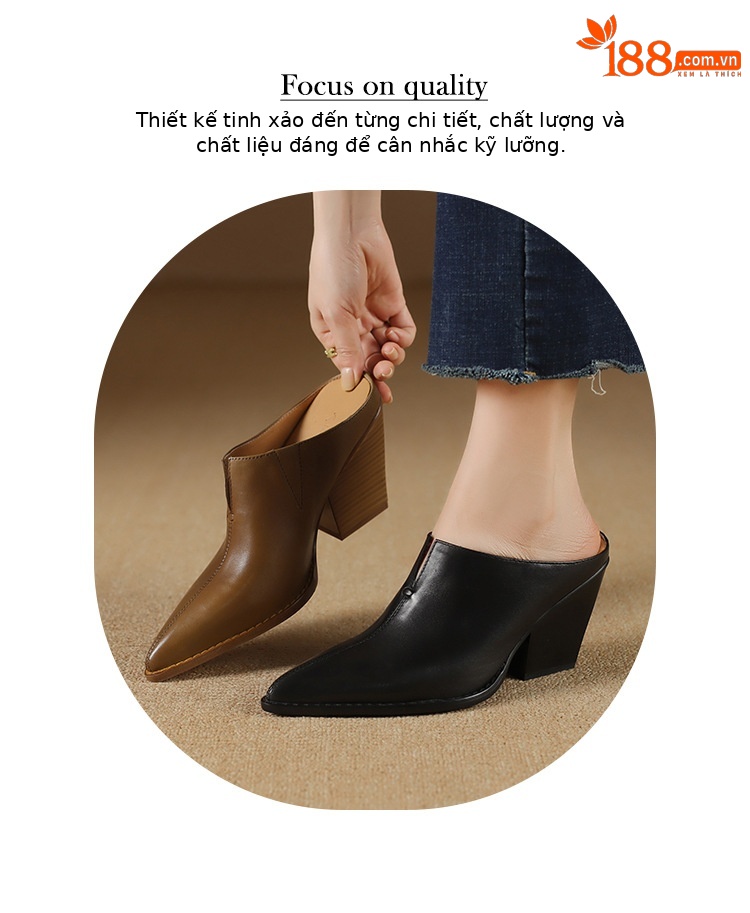 Giày mule nữ da bò mũi nhọn gót cao 7 cm phong cách Âu Mỹ — đen chi tiết 2