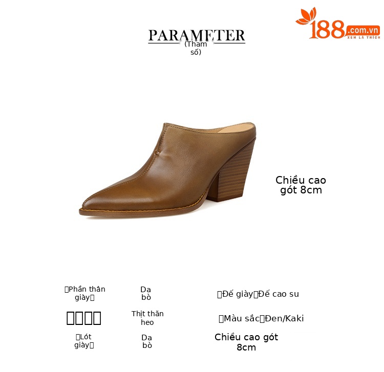Giày mule nữ da bò mũi nhọn gót cao 7 cm phong cách Âu Mỹ — đen chi tiết 3