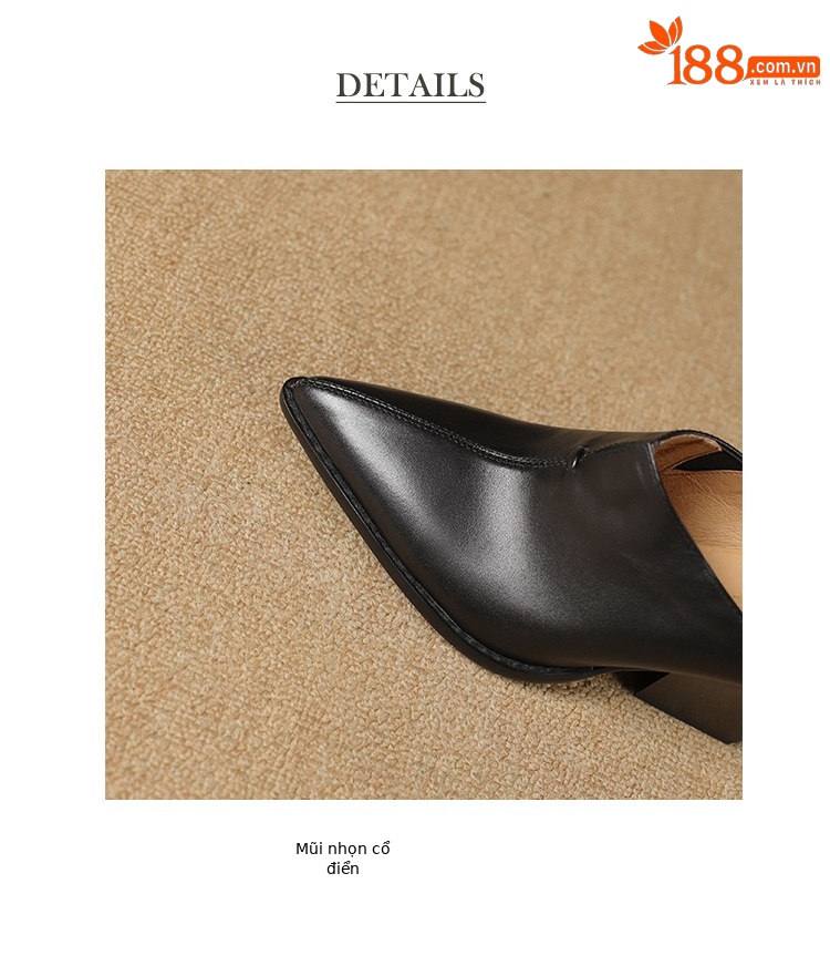 Giày mule nữ da bò mũi nhọn gót cao 7 cm phong cách Âu Mỹ — đen chi tiết 17