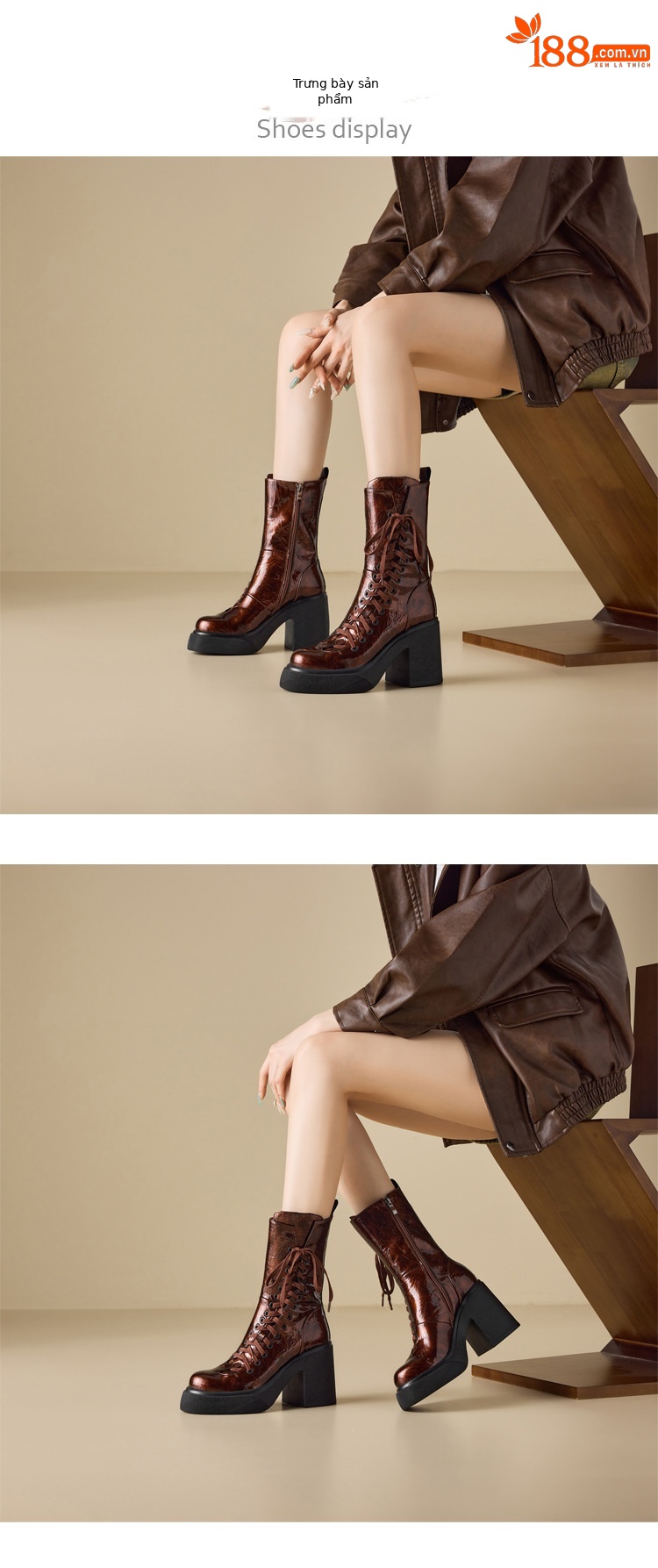 Boot nữ cổ ngắn đế dày 10 cm dây buộc mũi tròn khóa kéo bên — nhung đen chi tiết 2