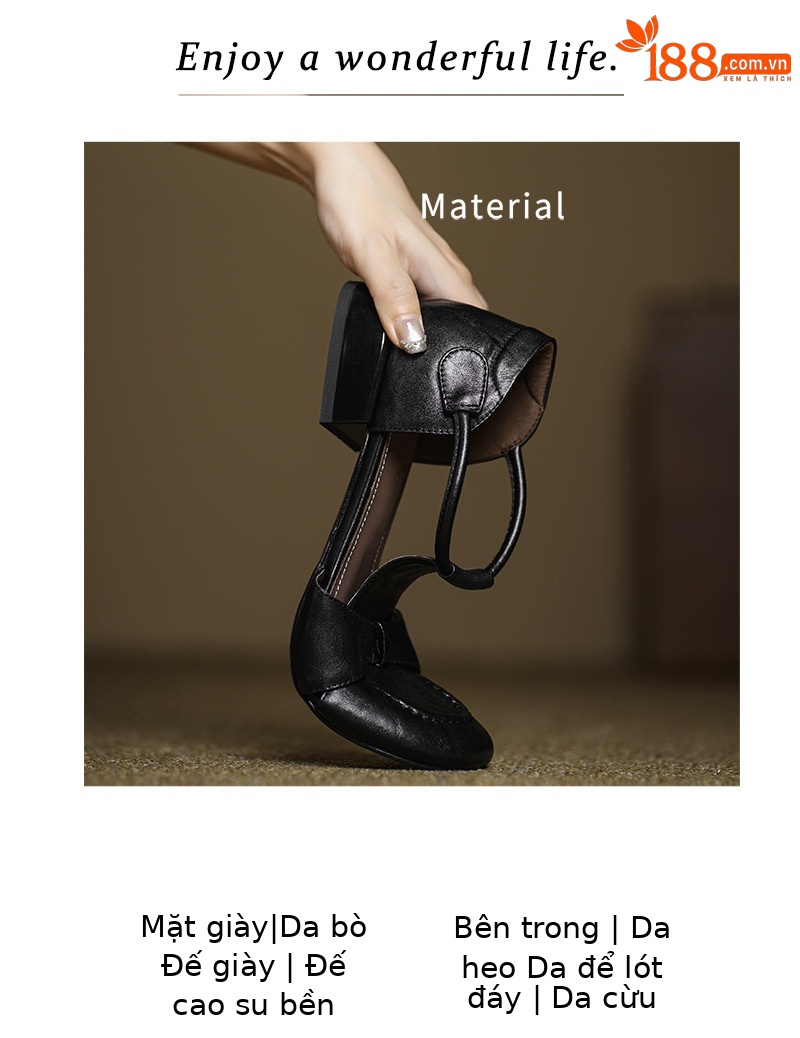 Dép sandal nữ da bò kiểu retro quai chữ T, mũi kín, gót thấp — màu nâu chi tiết 3