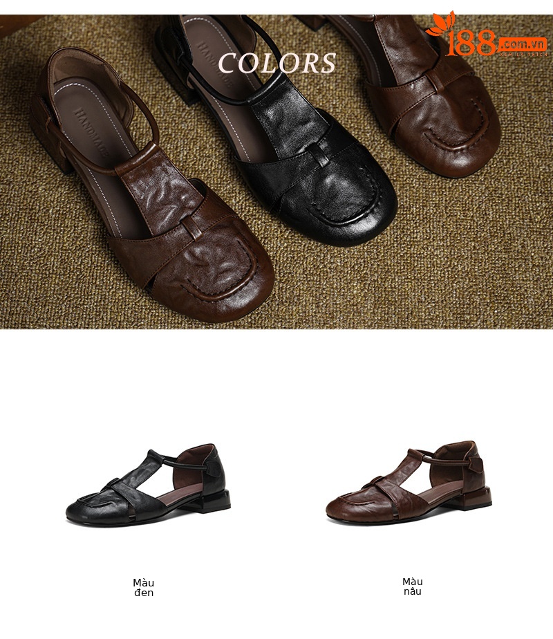 Dép sandal nữ da bò kiểu retro quai chữ T, mũi kín, gót thấp — màu nâu chi tiết 4
