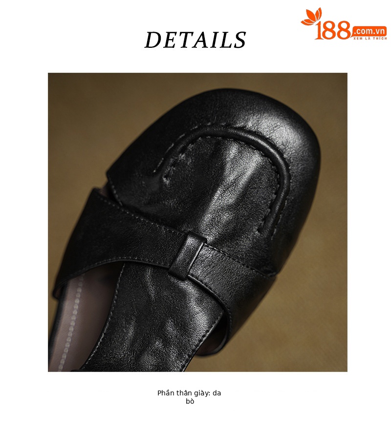 Dép sandal nữ da bò kiểu retro quai chữ T, mũi kín, gót thấp — màu nâu chi tiết 16