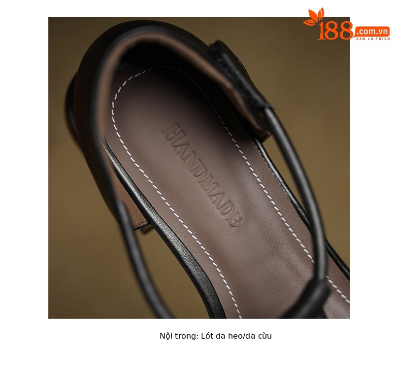 Dép sandal nữ da bò kiểu retro quai chữ T, mũi kín, gót thấp — màu nâu chi tiết 17