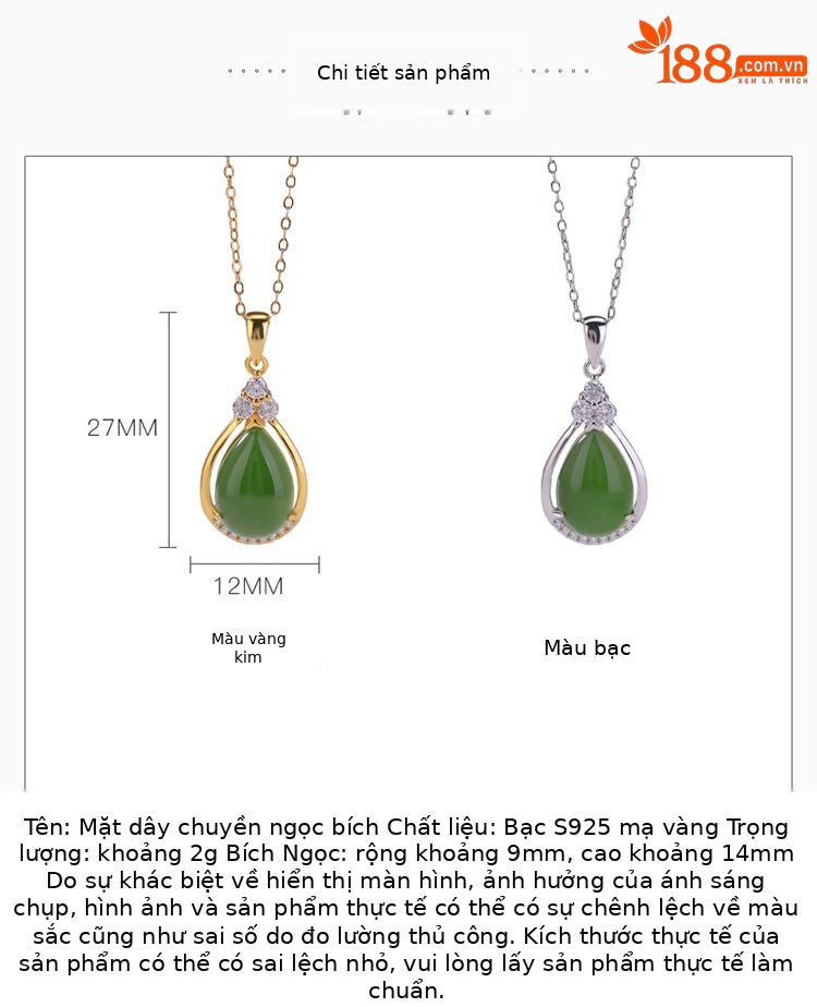 Mặt dây chuyền bạc S925 mạ vàng đá Jasper tự nhiên hình giọt nước dát ánh sáng — Mẫu bạc (không bao gồm dây chuyền) chi tiết 2