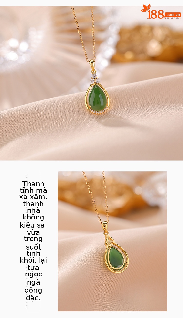 Mặt dây chuyền bạc S925 mạ vàng đá Jasper tự nhiên hình giọt nước dát ánh sáng — Mẫu bạc (không bao gồm dây chuyền) chi tiết 3