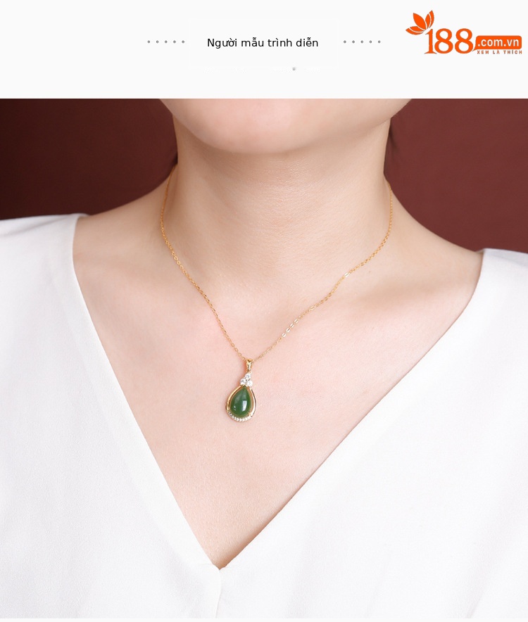 Mặt dây chuyền bạc S925 mạ vàng đá Jasper tự nhiên hình giọt nước dát ánh sáng — Mẫu bạc (không bao gồm dây chuyền) chi tiết 6