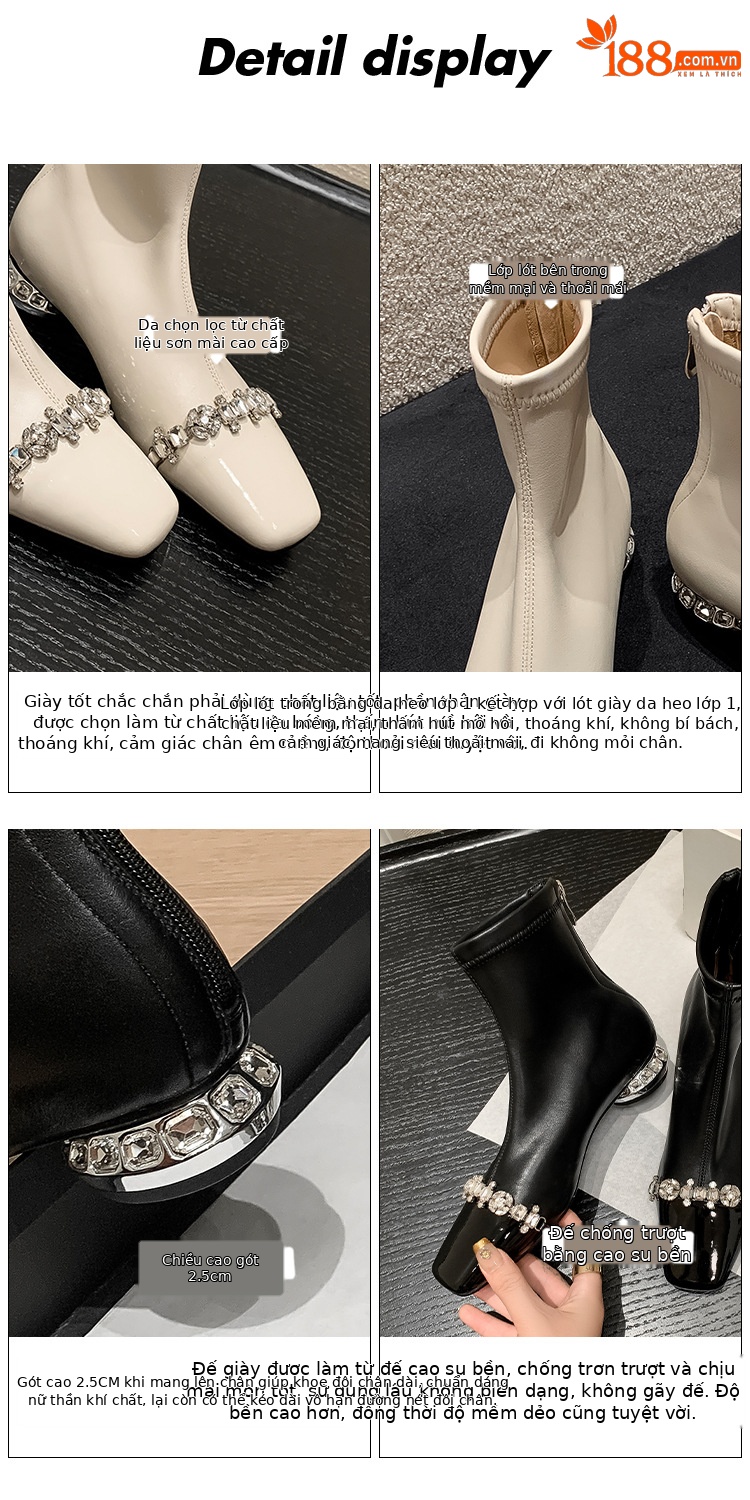 Boot ngắn nữ mũi vuông gót thấp khóa kéo sau chất nhũ đá phong thủy — nhung đen chi tiết 3