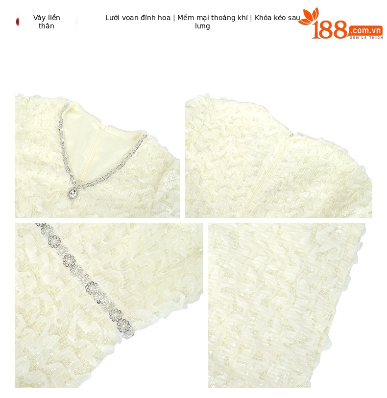 Đầm ôm sát eo kiểu Chanel thanh lịch, đính đá nặng, dành cho người dáng nhỏ — Màu mơ gạo chi tiết 2
