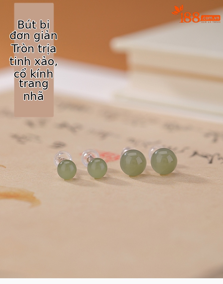 Bông tai bạc S925 đính ngọc Hetian tự nhiên hạt tròn đơn giản — cặp mô hình 8 mm chi tiết 1