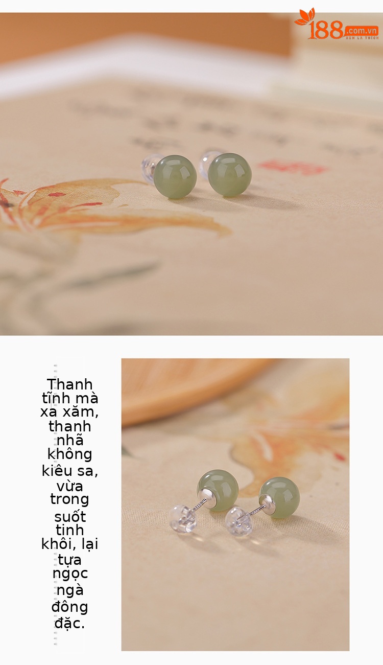 Bông tai bạc S925 đính ngọc Hetian tự nhiên hạt tròn đơn giản — cặp mô hình 8 mm chi tiết 3