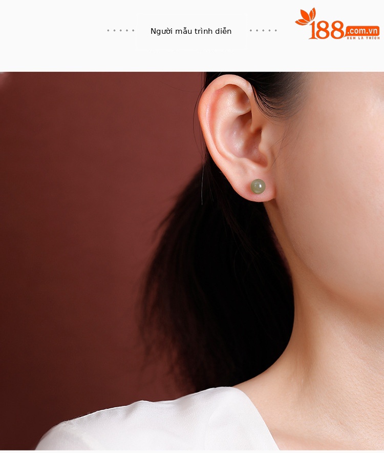 Bông tai bạc S925 đính ngọc Hetian tự nhiên hạt tròn đơn giản — cặp mô hình 8 mm chi tiết 5