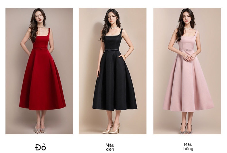 Đầm maxi nữ thắt eo dáng công chúa tay không cổ tròn — Đỏ, Hồng, Đen chi tiết 2