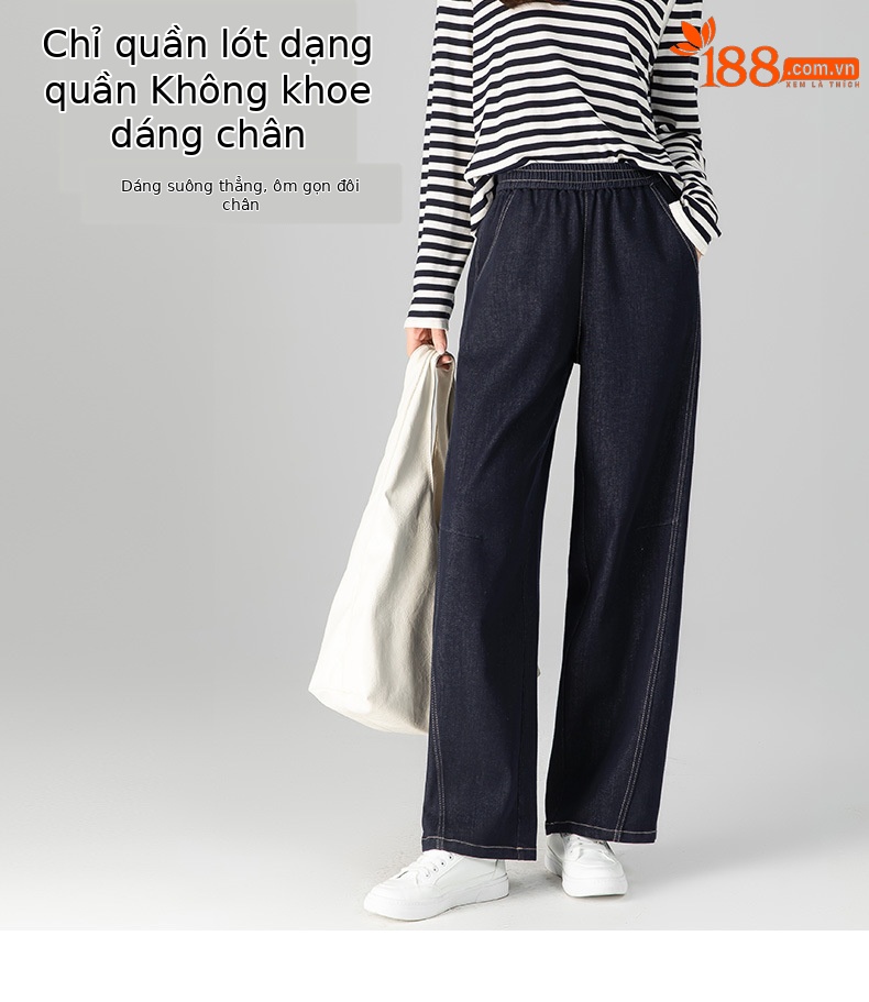Quần jeans ống thẳng cạp chun dáng rộng suông cho nữ — màu xanh denim chi tiết 9