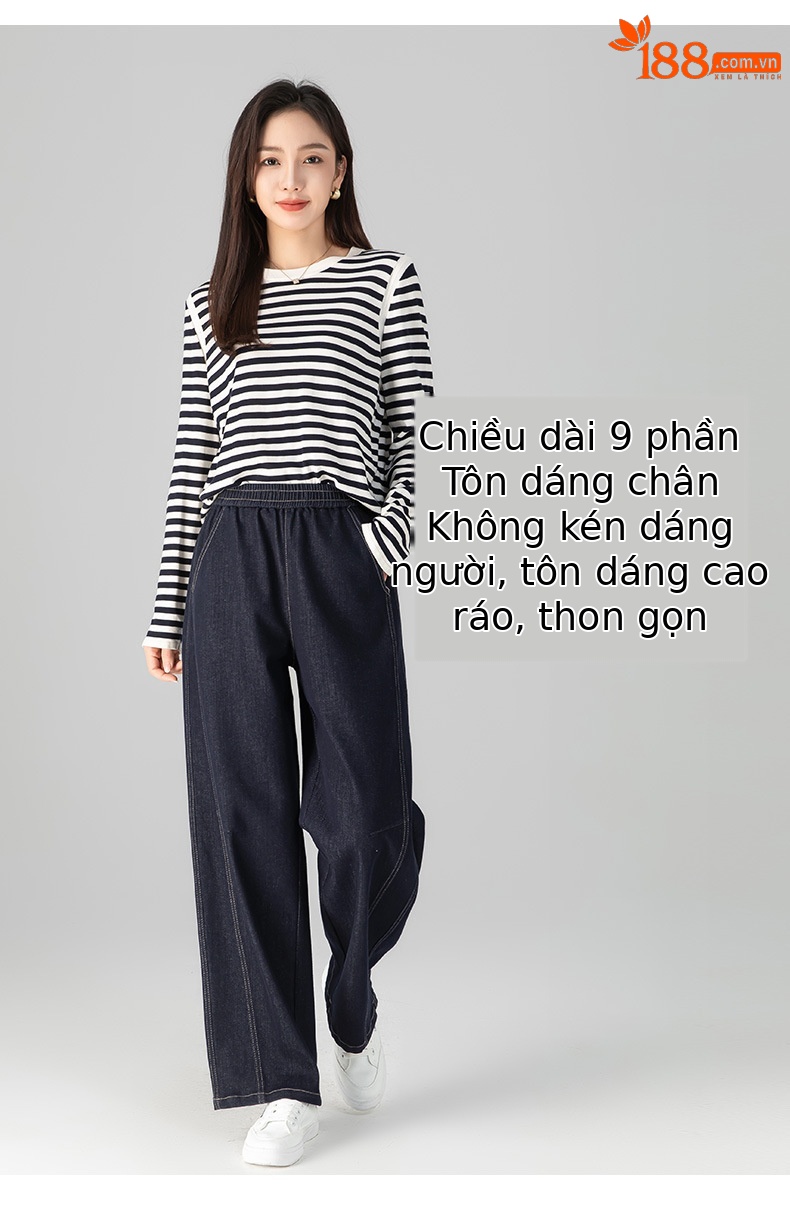 Quần jeans ống thẳng cạp chun dáng rộng suông cho nữ — màu xanh denim chi tiết 10