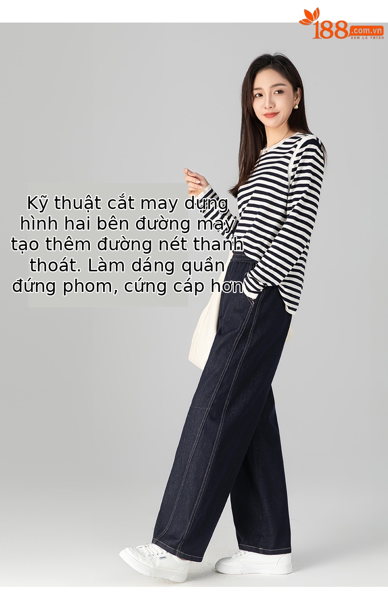 Quần jeans ống thẳng cạp chun dáng rộng suông cho nữ — màu xanh denim chi tiết 11