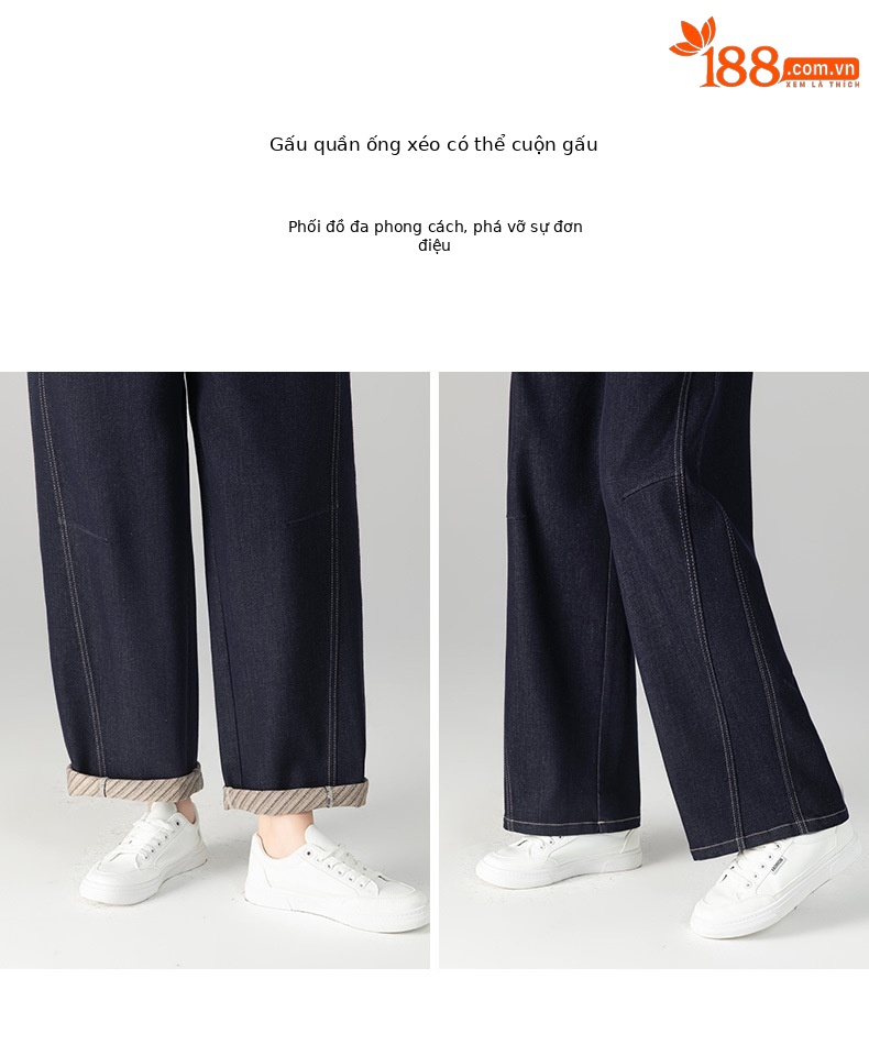 Quần jeans ống thẳng cạp chun dáng rộng suông cho nữ — màu xanh denim chi tiết 13
