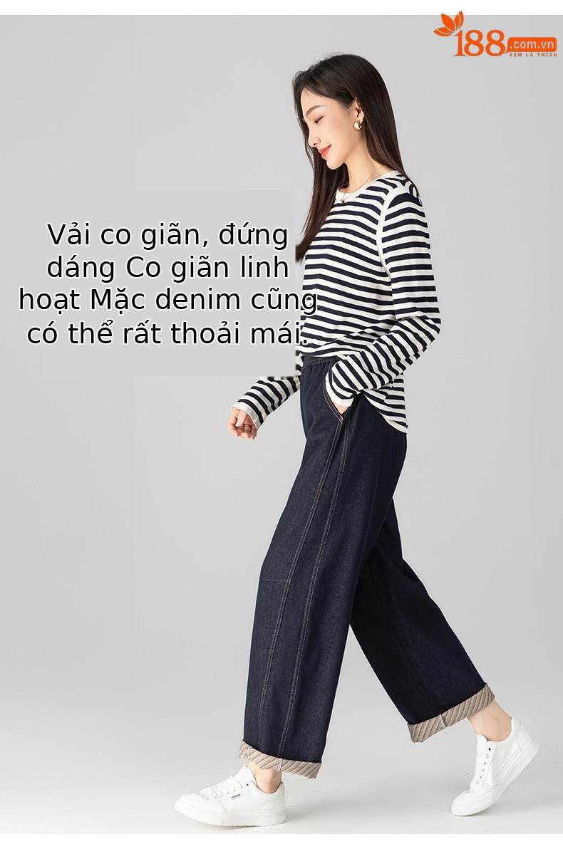 Quần jeans ống thẳng cạp chun dáng rộng suông cho nữ — màu xanh denim chi tiết 14