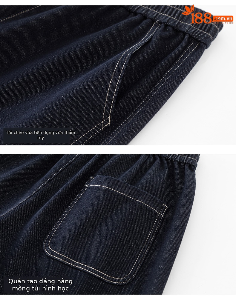 Quần jeans ống thẳng cạp chun dáng rộng suông cho nữ — màu xanh denim chi tiết 16