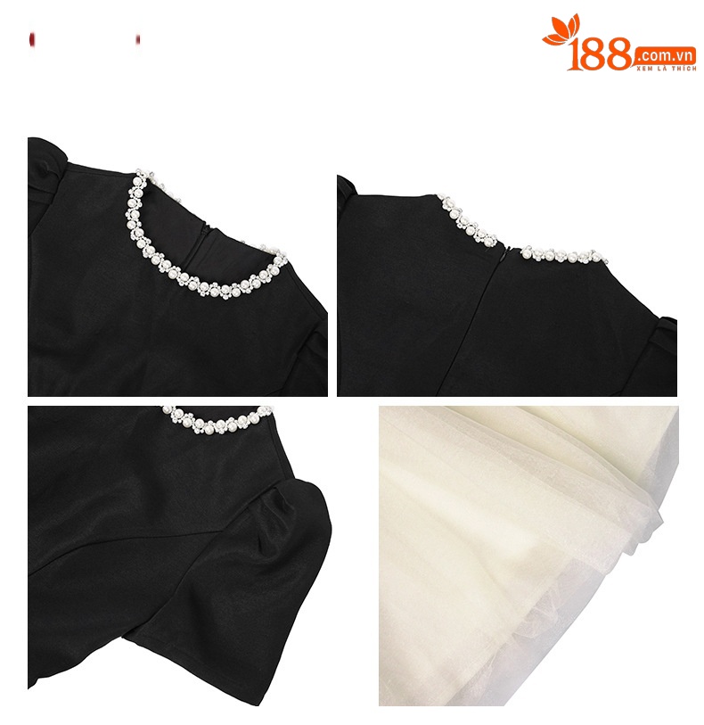 Đầm maxi nữ cổ tròn xếp bèo, thắt eo phối lưới, váy phồng dáng công chúa — đen chi tiết 3