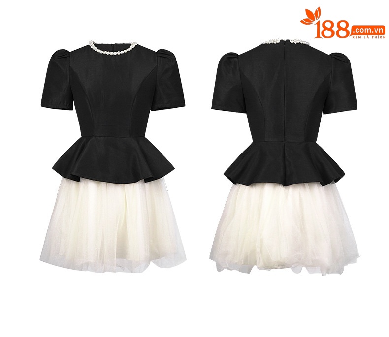 Đầm maxi nữ cổ tròn xếp bèo, thắt eo phối lưới, váy phồng dáng công chúa — đen chi tiết 4