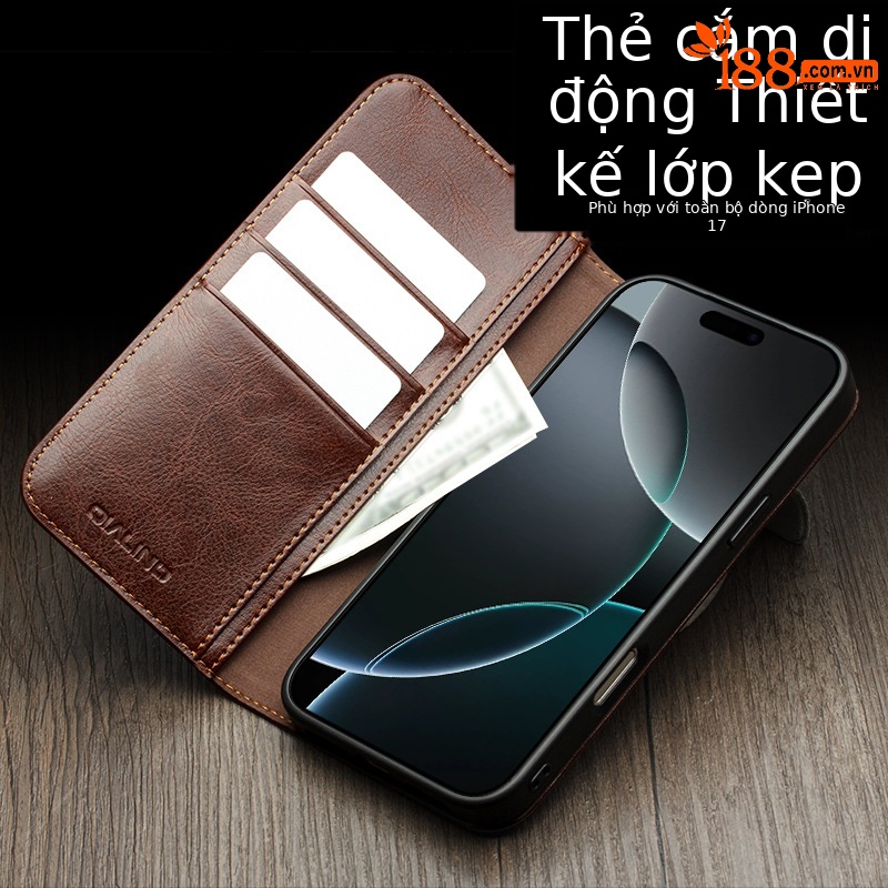 Ốp lưng da thật Qiali cho iPhone 17 Pro Max có chân đế Eair, khe đựng thẻ, bảo vệ toàn diện — iPhone17 pro max màu nâu cổ điển, iPhone17 pro max màu đen cổ điển, iPhone17 pro max cổ điển màu nâu nhạt, iPhone17 pro màu nâu cổ điển