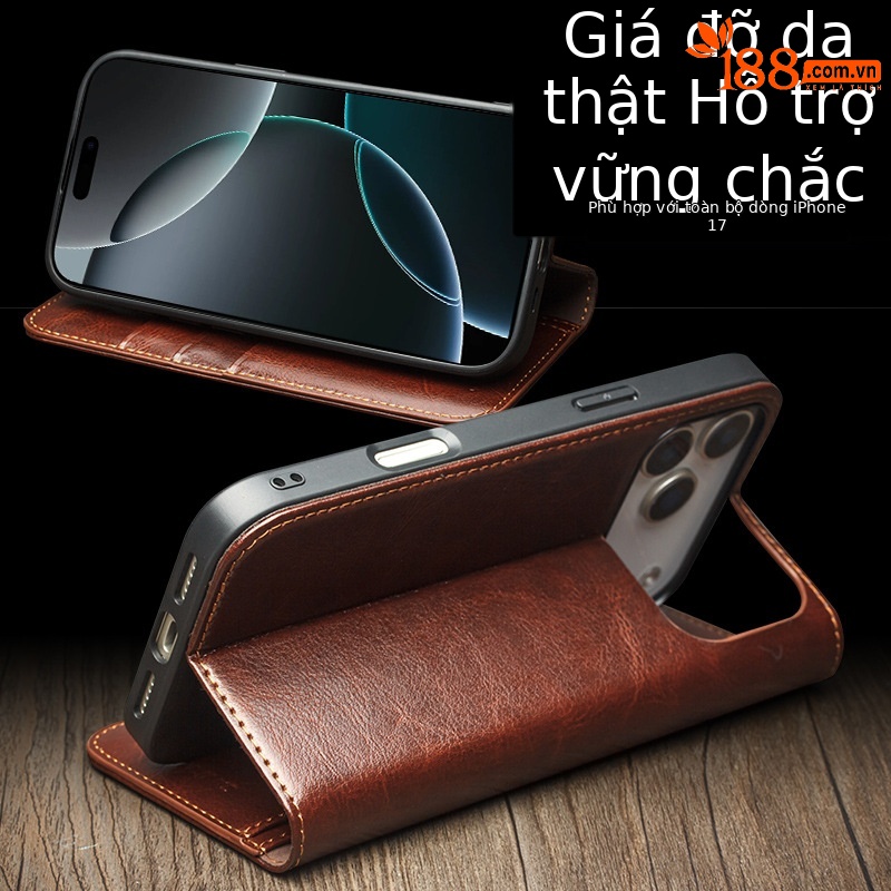 Ốp lưng da thật Qiali cho iPhone 17 Pro Max có chân đế Eair, khe đựng thẻ, bảo vệ toàn diện — iPhone17 pro max màu nâu cổ điển, iPhone17 pro max màu đen cổ điển, iPhone17 pro max cổ điển màu nâu nhạt, iPhone17 pro màu nâu cổ điển