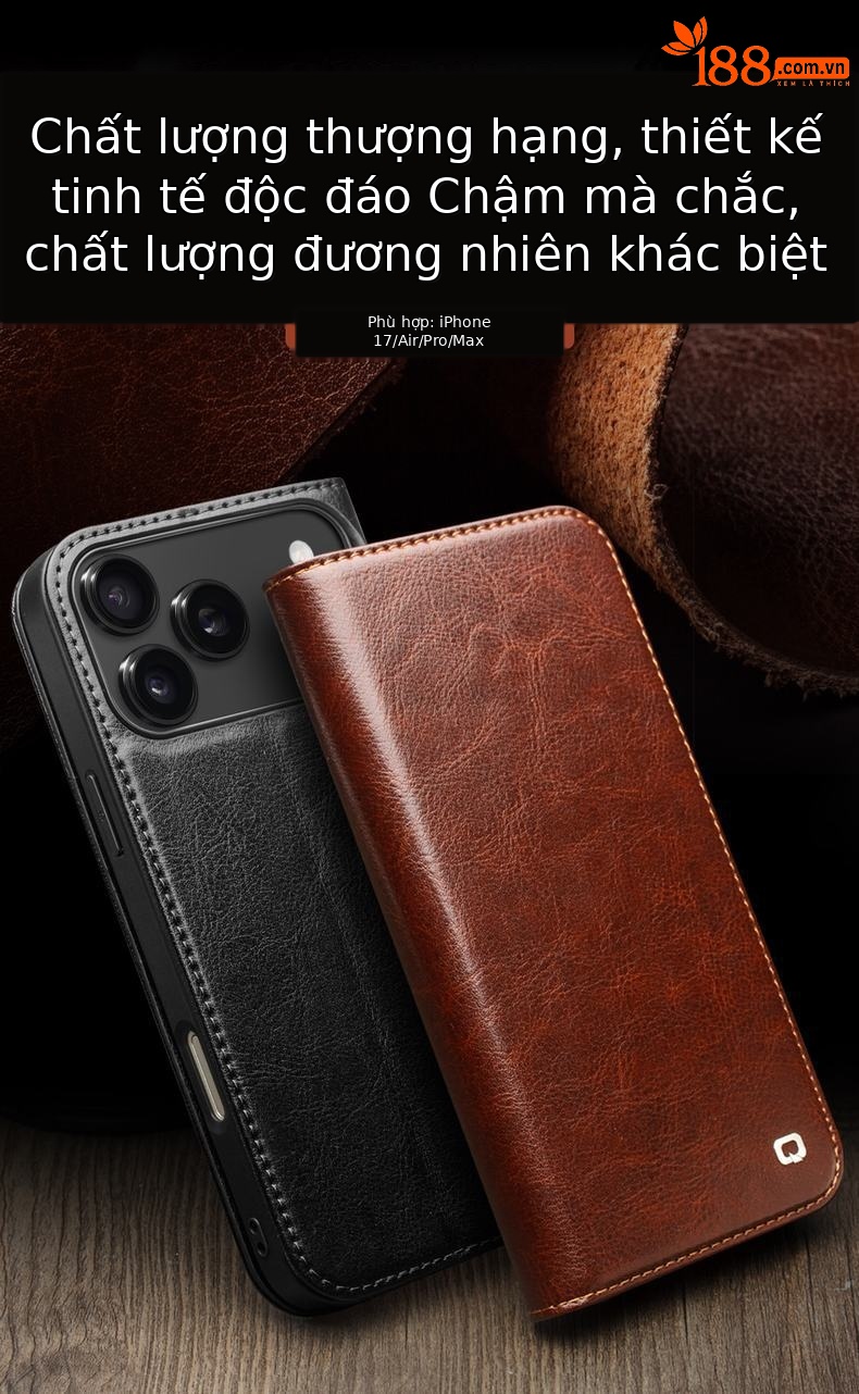 Ốp lưng da thật Qiali cho iPhone 17 Pro Max có chân đế Eair, khe đựng thẻ, bảo vệ toàn diện — iPhone17 pro max màu nâu cổ điển, iPhone17 pro max màu đen cổ điển, iPhone17 pro max cổ điển màu nâu nhạt, iPhone17 pro màu nâu cổ điển chi tiết 1