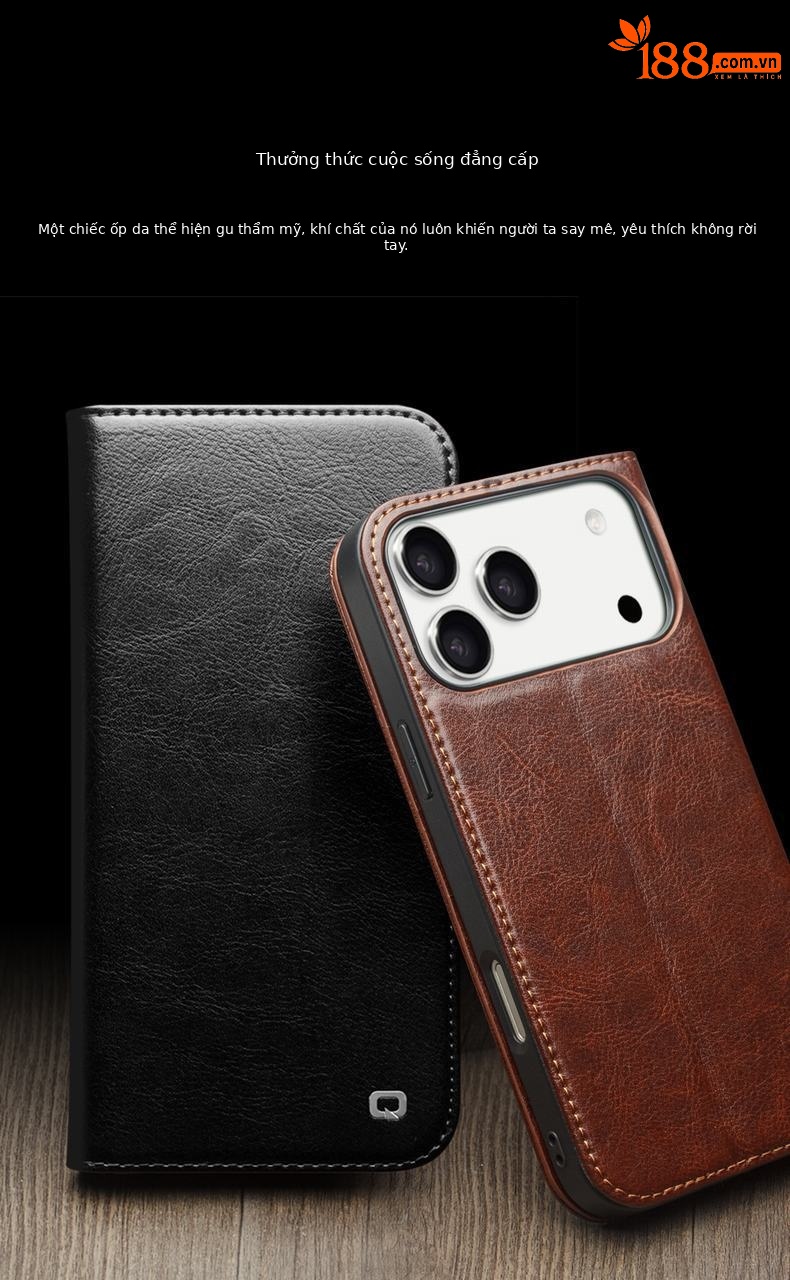 Ốp lưng da thật Qiali cho iPhone 17 Pro Max có chân đế Eair, khe đựng thẻ, bảo vệ toàn diện — iPhone17 pro max màu nâu cổ điển, iPhone17 pro max màu đen cổ điển, iPhone17 pro max cổ điển màu nâu nhạt, iPhone17 pro màu nâu cổ điển chi tiết 3