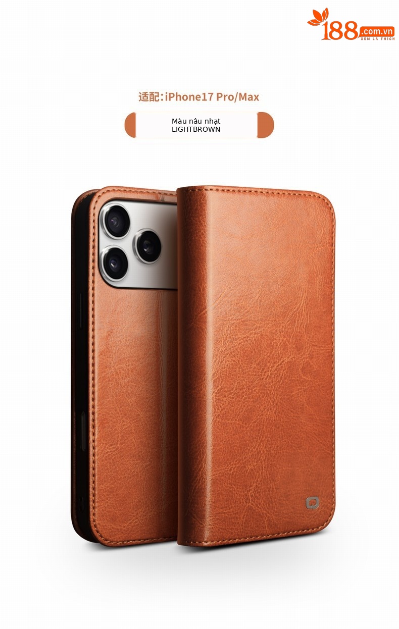 Ốp lưng da thật Qiali cho iPhone 17 Pro Max có chân đế Eair, khe đựng thẻ, bảo vệ toàn diện — iPhone17 pro max màu nâu cổ điển, iPhone17 pro max màu đen cổ điển, iPhone17 pro max cổ điển màu nâu nhạt, iPhone17 pro màu nâu cổ điển chi tiết 15