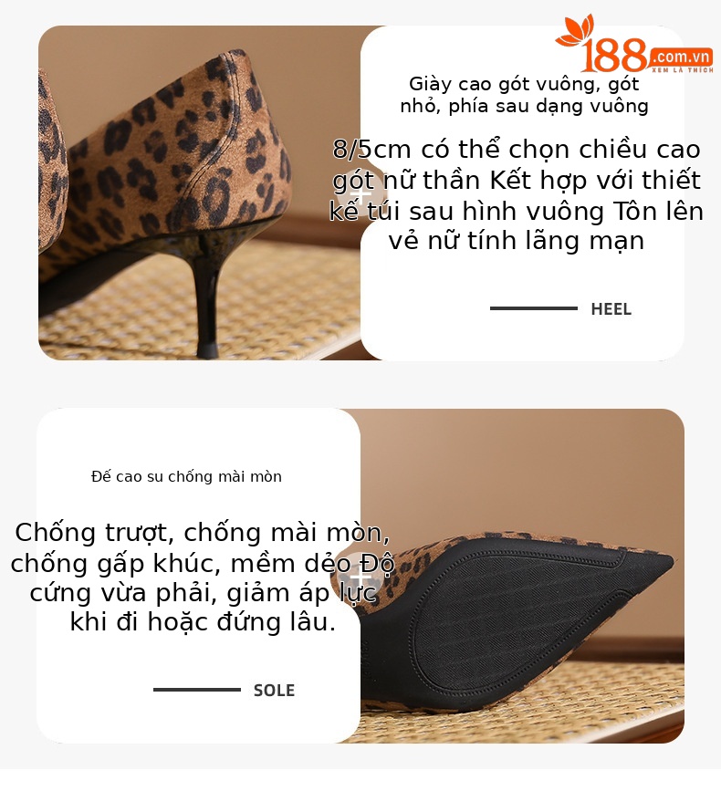 Giày cao gót nữ mũi nhọn da lộn in họa tiết da báo, gót 5 cm, miệng nông phong cách Hàn Quốc — Nhung đen-5CM chi tiết 2