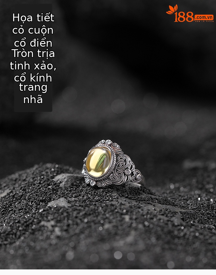 Nhẫn bạc S925 đính đá Citrine tự nhiên hình bầu dục rỗng họa tiết xoắn phong cách châu Âu — một mảnh chi tiết 1