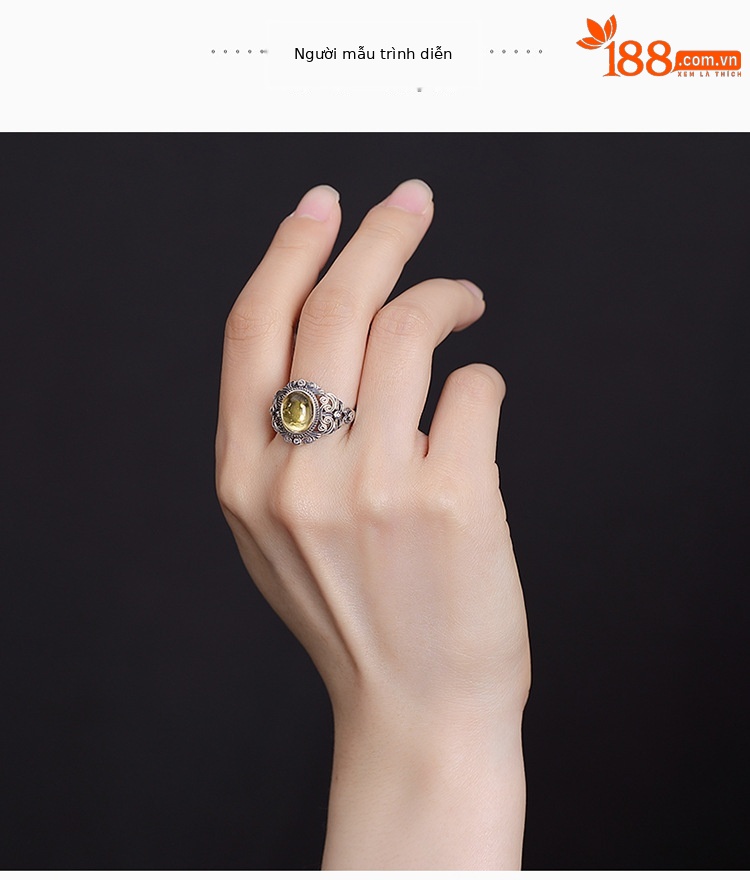 Nhẫn bạc S925 đính đá Citrine tự nhiên hình bầu dục rỗng họa tiết xoắn phong cách châu Âu — một mảnh chi tiết 4