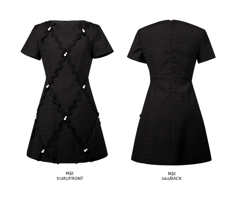 Đầm suông nữ midi cổ tròn họa tiết kim cương phong cách Chanel — [Màu đen] chi tiết 4