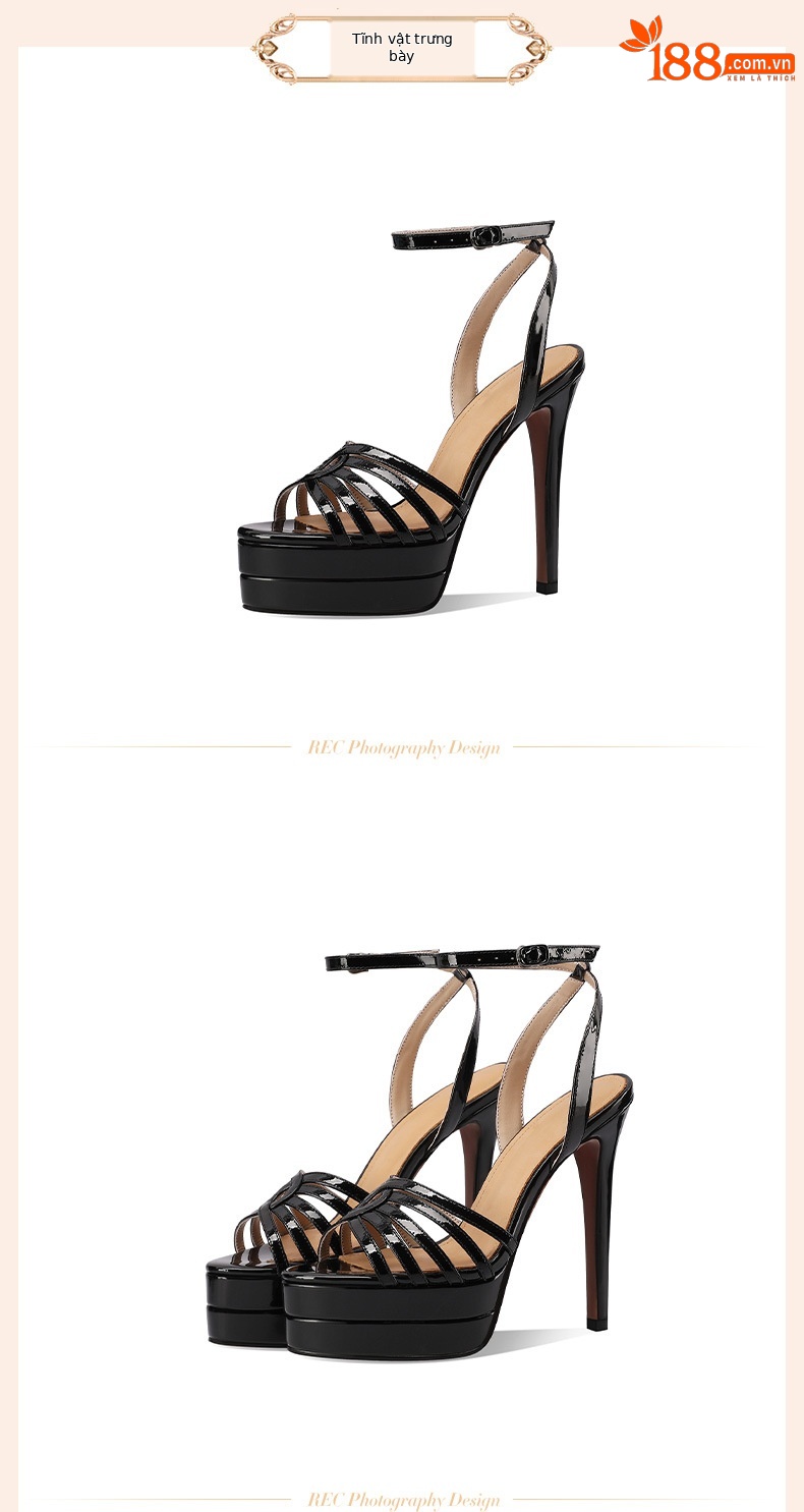 Sandal nữ cao gót mũi nhọn quai khóa một dây, đế platform chống nước, phong cách retro gợi cảm — đen chi tiết 2