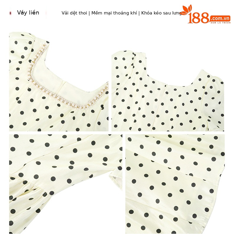 Váy đầm nữ tay phồng cổ vuông thắt eo chấm bi kiểu Pháp cổ điển — quả mơ chấm bi chi tiết 2