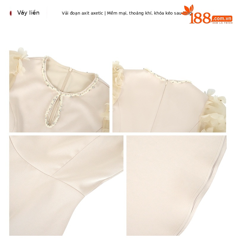 Váy phồng eo thon cổ tròn cut out tay áo cánh hoa kiểu Pháp — sâm panh chi tiết 2