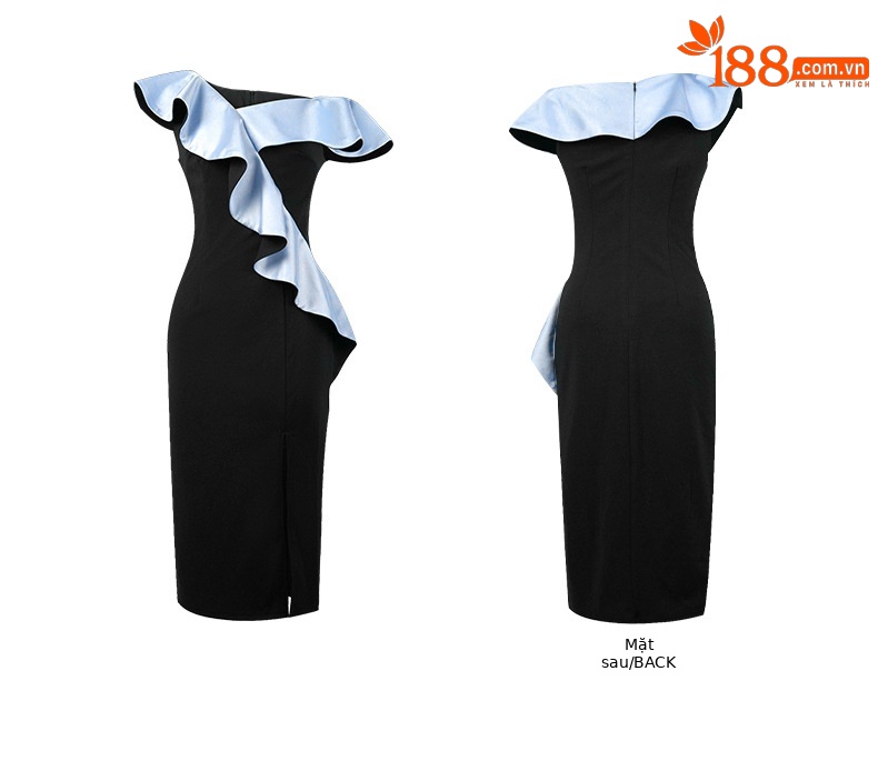 Đầm bodycon xẻ tà một vai bèo nhún eo thon gợi cảm — đen chi tiết 4